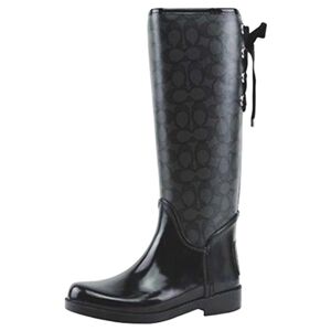 Coach Tessa Rain Boots Black Signature Logo Size 7 Tall Knee High Lace Up